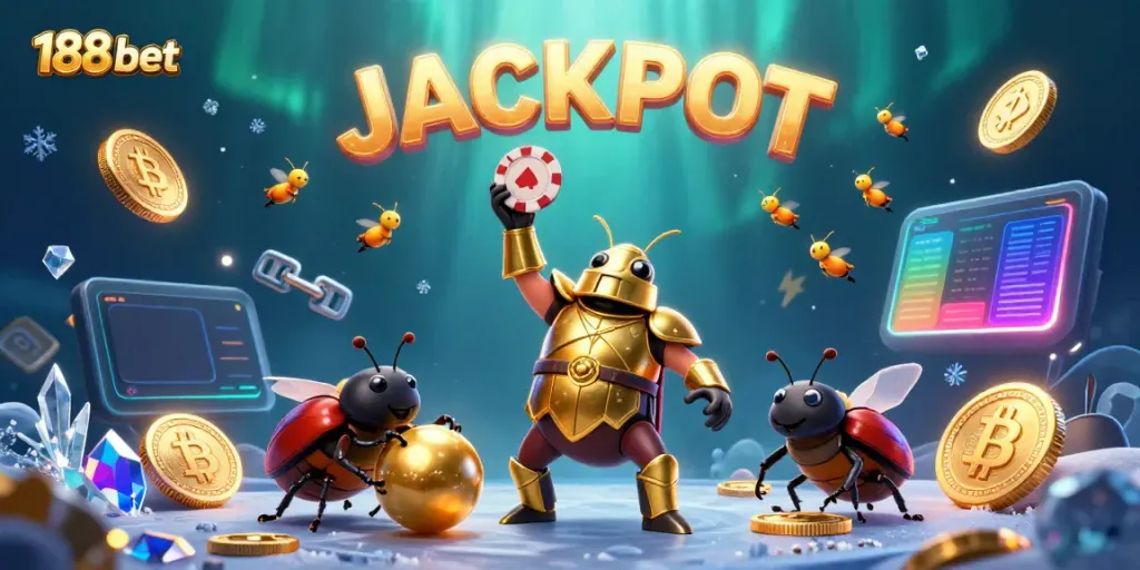 Experience the thrill of 188 bet with a hercules beetle hero amidst virtual casino elements.