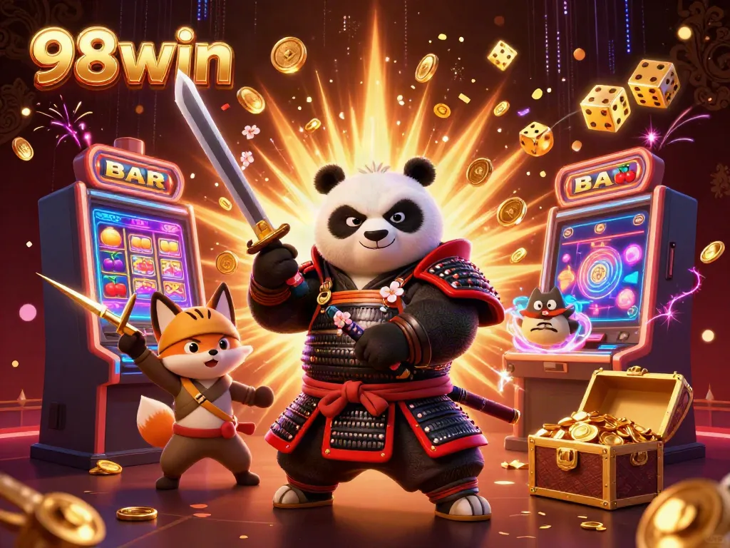 Experience thrilling wins at 98win with lively characters amidst a bursting jackpot scene.