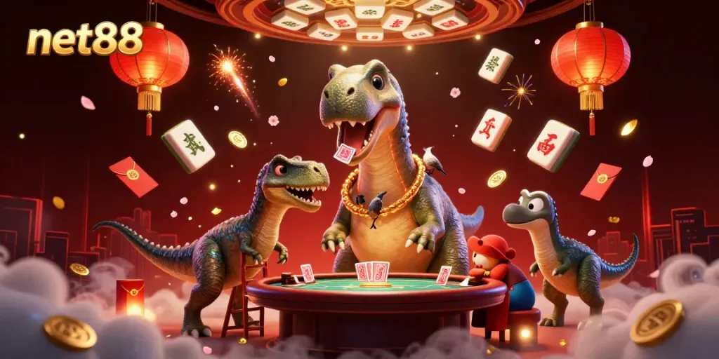 Engage at net88's vibrant casino scene with cartoon dinosaurs, dynamic game elements, and festive decorations.