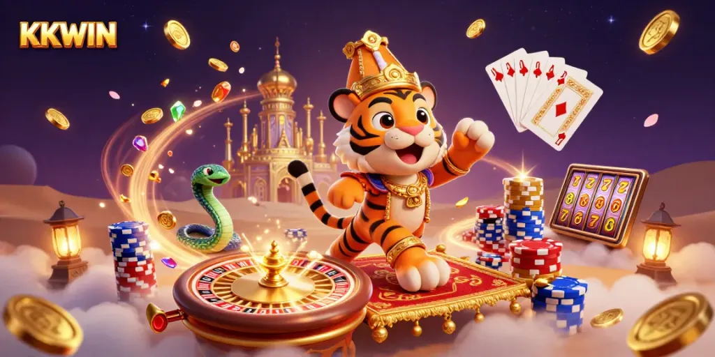 Experience KKWIN with a vibrant casino scene featuring a tiger sultan and a magical atmosphere.
