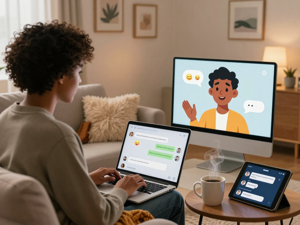 AI sex chat interaction in a cozy digital setting showing a couple engaging in a playful conversation online.