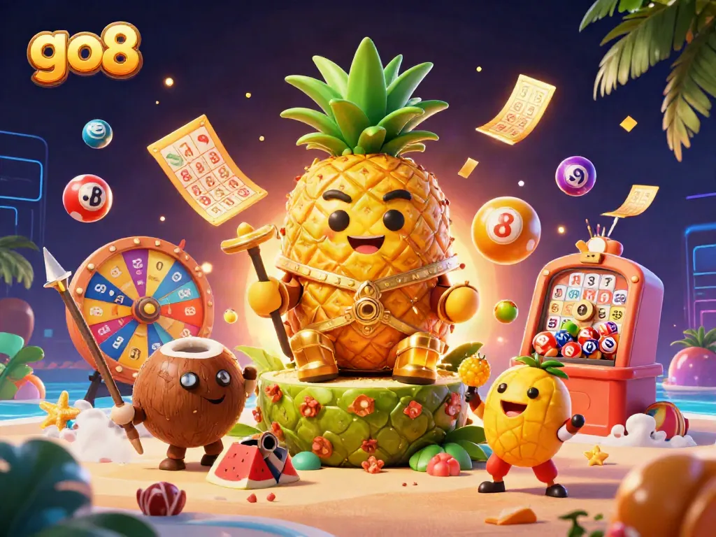 Experience thrilling games at go8 with golden tickets and vibrant lottery balls in a 3D casino illustration.