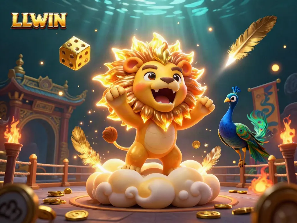 Engage in thrilling gameplay with LLWIN, featuring a vibrant 3D lion, dice, and casino elements.