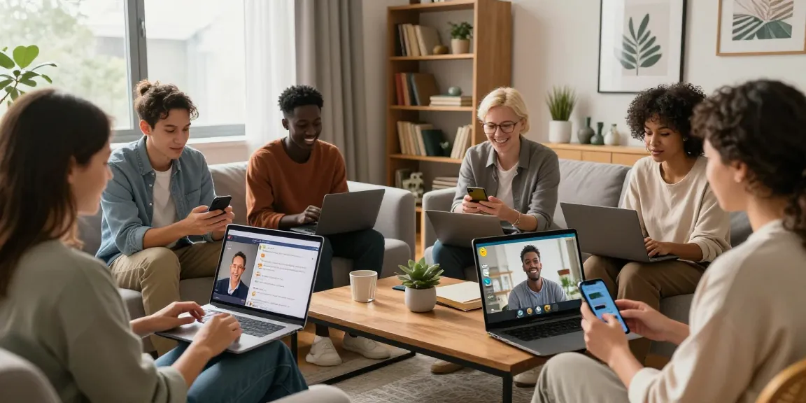 Juicy chat conversations among diverse users in cozy home settings, engaging lively discussions via devices.