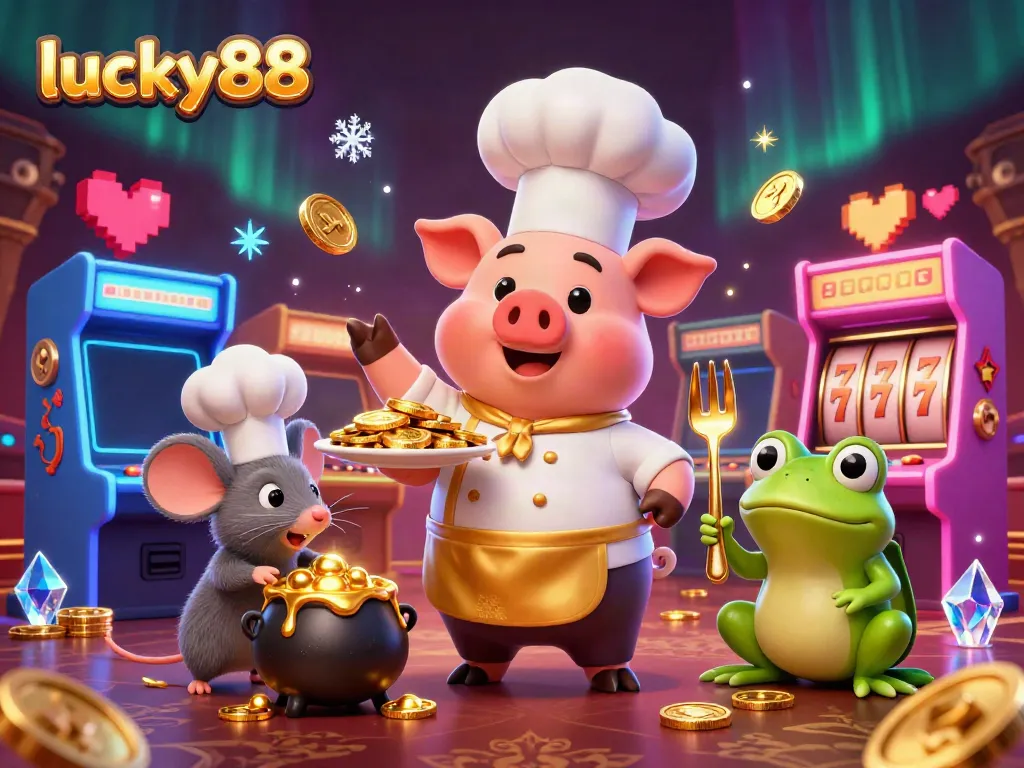 Experience lucky88 with thrilling 3D cartoon characters enjoying gold coins, casino games, and vibrant colors.