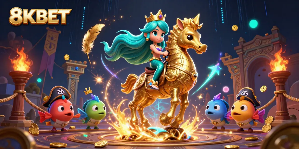 8KBET showcases a 3D mermaid princess, seahorse, and colorful fish in an exciting casino-themed illustration.