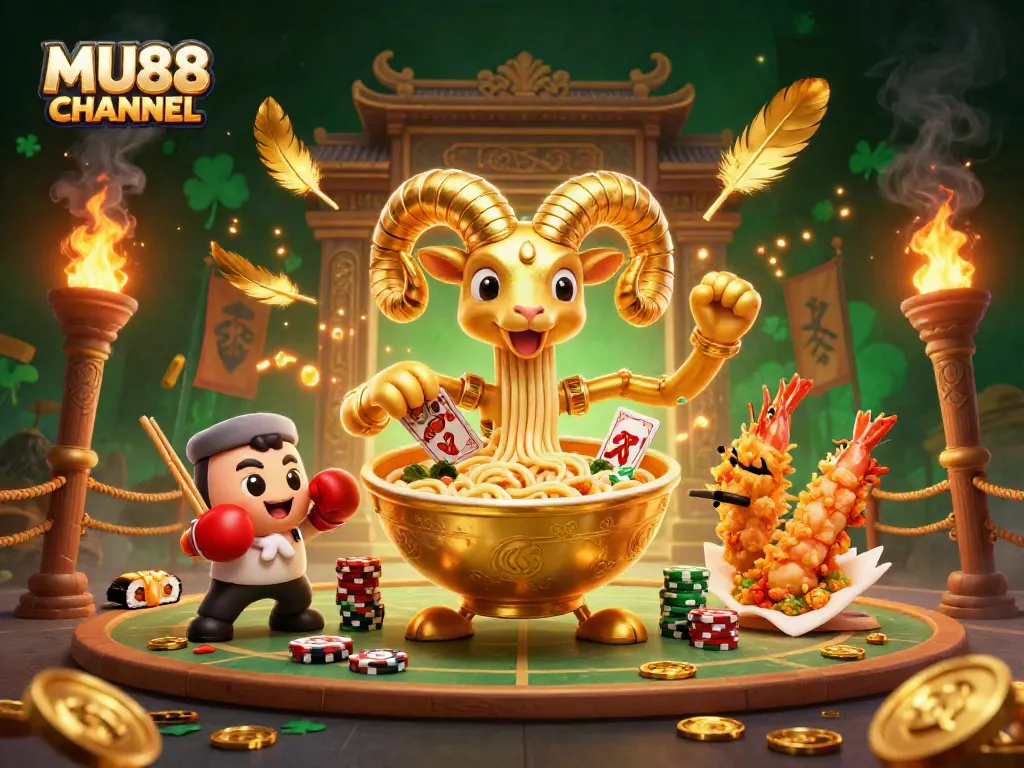 Engage with the MU88 CHANNEL's vibrant casino scene featuring animated food characters and rich gaming elements.