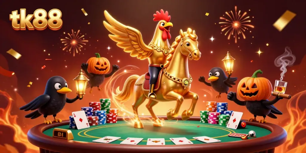 Engage with tk88's vibrant casino scene featuring a golden rooster in a thrilling poker atmosphere.