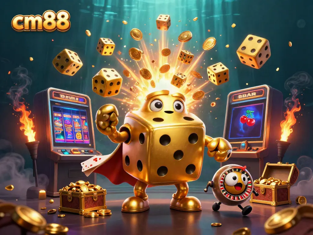 Engage with cm88's dynamic casino experience featuring golden dice and lively game elements.