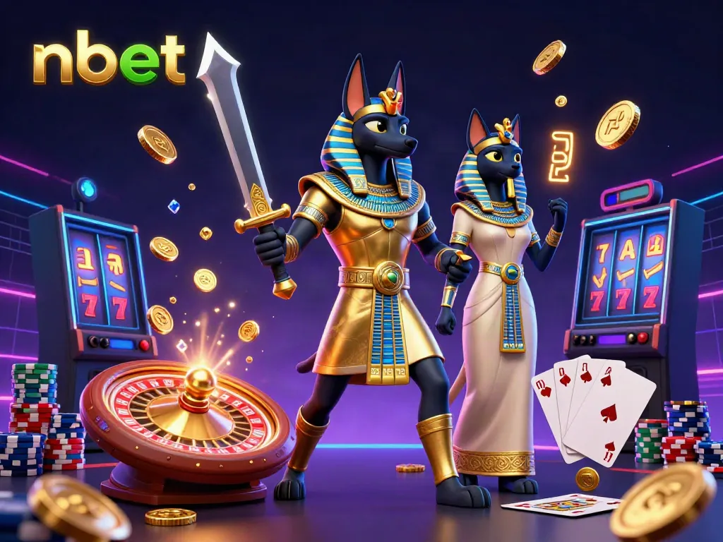 Experience thrilling gameplay with nbet as Anubis and Bastet celebrate with cascading coins and a spinning roulette wheel.