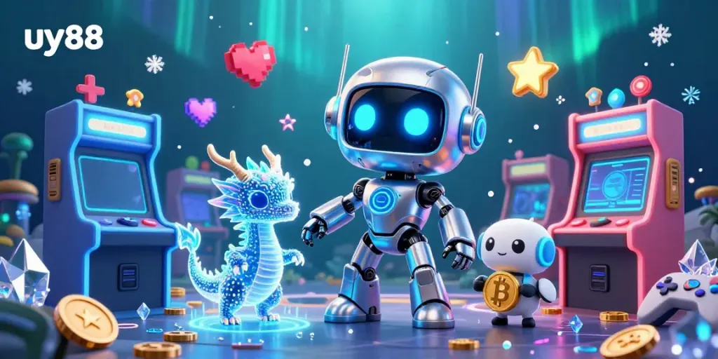Engaging uy88 casino scene with a cyberpunk robot and futuristic elements promoting gaming strategies.