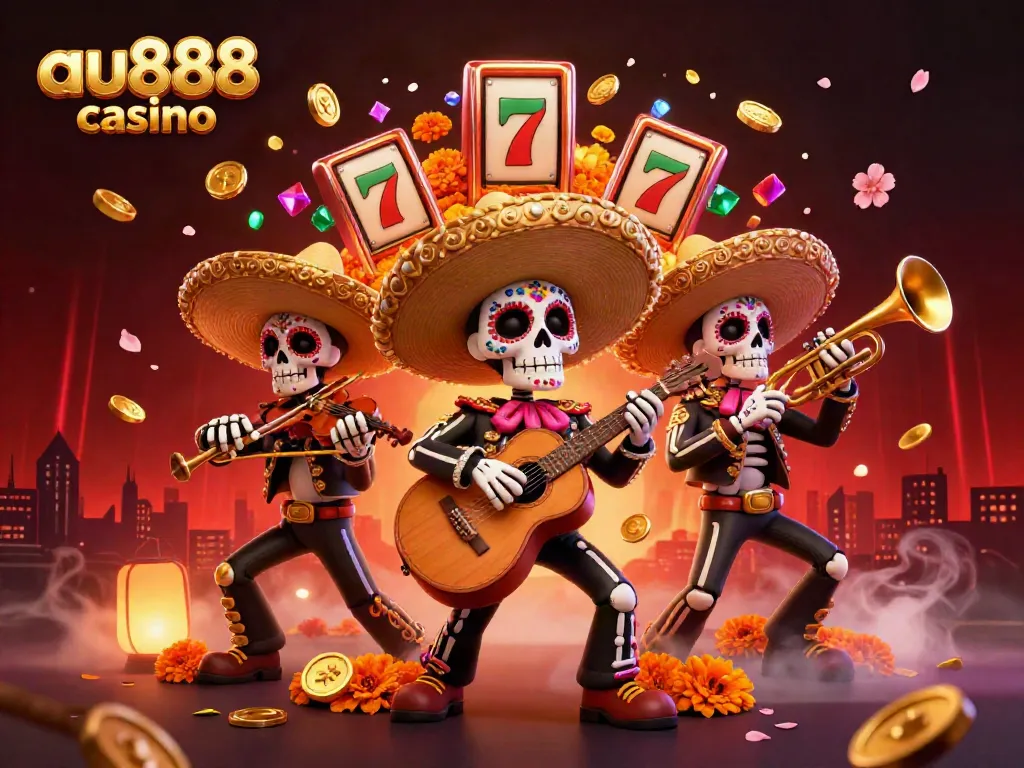 Engage in fun with the colorful skeleton mariachi band at au888 casino, featuring vibrant gaming elements and rich visuals.