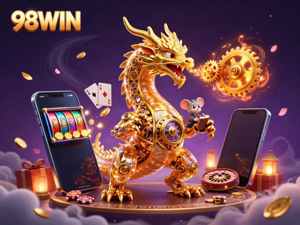 Experience thrilling wins at 98WIN’s colorful slot games, featuring a vibrant golden dragon.