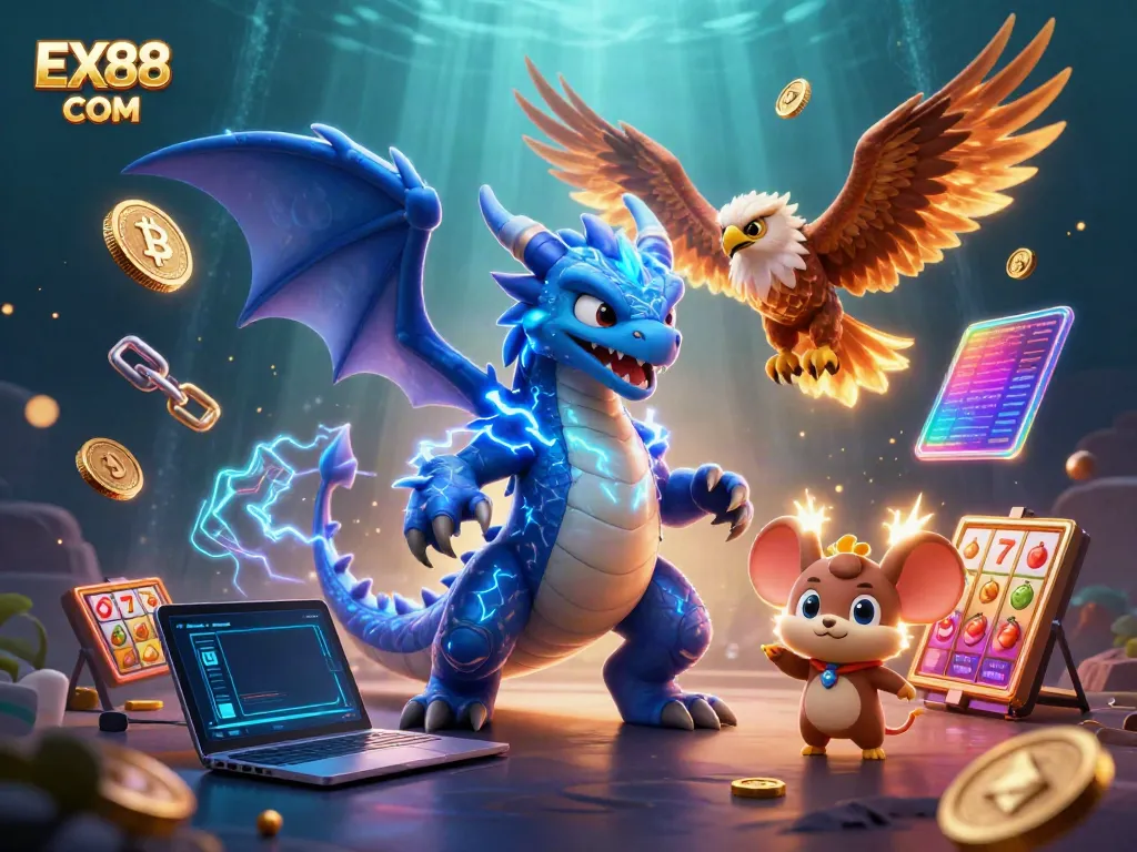 Experience thrilling casino excitement at EX88 COM with vibrant characters and 3D gaming elements.