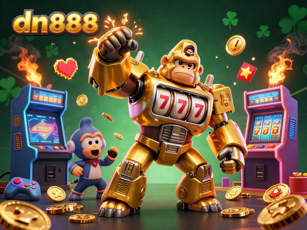 Engage with dn888's vibrant 3D illustration featuring a golden gorilla mech amid slot machines and dynamic gaming elements.